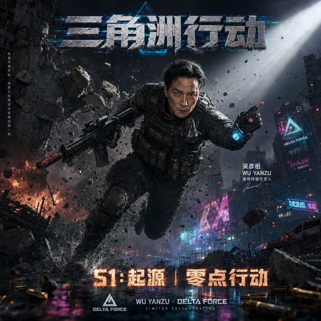 史诗级电影海报，标题“三角洲行动：S1起源”。吴彦祖化身游戏终极代言人，身处“零点危机”的史诗瞬间。他并非站立，而是处于动态的战术突入姿态——从爆破的钢筋混凝土墙体后矫健跃出，墙体破碎的瞬间，砖石与灰尘凝滞空中。他的身体呈45度角前倾，右手持定制改装“起源”系列战术步枪（枪身有全息瞄具、战术灯、消音器，枪管因连续射击而微微发红），左手正向身后队友做出一个凌厉的“掩护前进”战术手语。这不是摆拍，是战争交响乐中最激昂的一帧。
人物与装备的超写实细节（扫描级）：​
面部与神态：​ 吴彦祖标志性的面孔上混合着汗渍、硝烟灰和一道新鲜的血痕（从眉骨划至颧骨）。眼神是绝对的焦点——在暗影中迸发出猎豹般的锐利与冷静，直视画面外的观者，具有穿透性的压迫感。下颌线紧绷，呼吸阀式面罩垂于颈侧。
战术装备系统：​ 穿着顶级“黑隼”定制战术套组。黑色重型战术背心布满MOLLE织带，插有陶瓷防弹板、弹匣包（部分弹匣已耗尽）、破片手雷、数据平板。肩甲有战损刮痕与哑光处理。右臂佩戴高科技战术腕表，屏幕泛着幽蓝光，显示着任务倒计时与地形图。手套是露指战术手套，指关节有加固，右手手套边缘被火药熏黑。
环境互动细节：​ 裤腿沾满泥泞与碎砾，军靴沉重地踩在一滩积水上，激起涟漪。背后战术背包的天线在气流中微颤。
环境与氛围的沉浸式构建：​
主场景：​ 未来主义废墟都市“零区”。背景是倾颓的摩天楼骨架，巨大的全息广告牌因短路而疯狂闪烁，投射出破碎的“三角洲”三角形LOGO和扭曲的赞助商标志。街道布满焚毁的装甲车残骸和异形般的锈蚀工业管道。
前景与中景：​ 破碎的混凝土块、扭曲的钢筋、散落的金色弹壳（在暗调中格外醒目）铺满地面。一截断裂的霓虹灯管在积水旁滋滋闪烁，发出不稳定的蓝紫色电弧光。
天空与气候：​ 天空是永夜般的深紫色，悬浮着巨大的全息投影云图（显示着战区封锁线），远处有诡异的绿色极光与滚滚升腾的黑色烟柱。空气中弥漫着致命的“黑尘”微粒，在光束中清晰可见。
光影与色彩的戏剧性交响：​
主光源：​ 一束巨大的、具有神圣感的冷白色探照灯从右上方45度角打下，如同舞台追光，精确笼罩吴彦祖上半身。这束光强烈勾勒出他身体的肌肉线条、装备的硬朗轮廓，以及在脸颊血痕上的高光。这是“英雄之光”。
环境光与反射光：​
霓虹污染：​ 来自破损招牌的品红、氰蓝、荧光橙光线，从不同方向漫射，在潮湿地面和烟雾上形成倒影与色晕。
火焰与爆炸：​ 画面左后方有橙红色的爆炸火光，瞬间照亮了飞舞的碎片和烟雾的轮廓。
设备冷光：​ 他身上的战术指示灯、腕表屏幕、枪械瞄具发出微弱的蓝色与绿色冷光。
色彩基调：​ 整体为高对比、低饱和的暗黑系。以深黑、炭灰、水泥色为基底，用探照灯的纯白、霓虹的饱和色、火焰的暖橙进行强烈碰撞，形成赛博朋克式的“黑暗中的绚丽”。
电影级摄影与构图技法：​
镜头语言：​ 使用16mm广角镜头，低角度极度仰拍，极大地夸张了吴彦祖的体型和压迫感，并使后方废墟建筑更具视觉冲击力。浅景深，背景的霓虹与爆炸化为华丽的光斑。
动态与瞬间：​ 捕捉子弹时间般的瞬间。飞跃的尘土、溅起的水珠、崩飞的碎石、从枪口飘出的最后一缕青烟，全部清晰凝固，充满张力。
构图：​ 采用黄金分割对角线构图。吴彦祖的身体沿画面主对角线展开，极具动势。关键文字信息位于上方和下方无干扰区域。
品牌与文本元素的艺术化集成：​
主标题“三角洲行动”采用破碎金属质感字体，带有扫描线故障特效，以霓虹蓝光悬浮于吴彦祖头顶后方天空。
副标题“S1：起源 | 零点行动”以燃烧火焰纹理呈现，位于海报下方。
吴彦祖脚边水面倒影中，隐约反射出游戏LOGO和“WU YANZU x DELTA FORCE”的联合标志。
最终渲染与风格指令：​
超精细8K渲染，照片级真实感，细节锐利。艺术风格参考《银翼杀手2049》的赛博朋克美学、《疯狂的麦克斯：狂暴之路》的废土狂暴感、《使命召唤》高级宣传图的军事硬核，并由格雷格·弗莱瑟（Greg Fraser）进行电影级光影处理。画面具有顶级的戏剧张力、叙事性和收藏级海报艺术价值。
