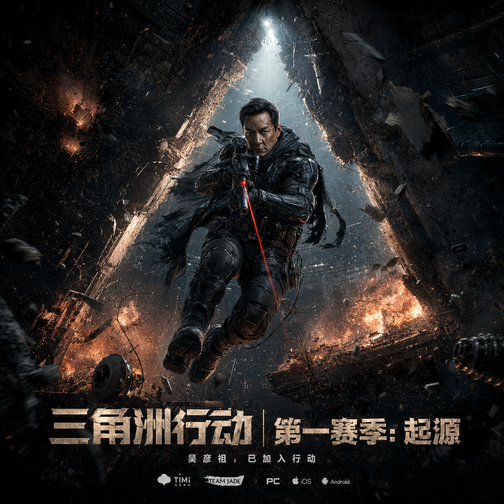 画面核心叙事与主题：
一张为《三角洲行动》第一赛季“起源”打造的电影级全球宣发海报。吴彦祖不仅是代言人，更是游戏世界中的传奇指挥官“幽灵”。画面定格在他率领特遣队突入核心禁区“零区”的巅峰时刻——他正从剧烈爆炸导致的建筑结构崩塌中凌空跃下，脚下是深渊，头顶是坠落的混凝土巨块，而他的眼神锁定目标，毫无畏惧。
人物与装备的显微镜级细节：
面孔与神态：​ 吴彦祖的面部在探照灯下如雕塑般立体。请渲染出：皮肤上混合的汗渍光泽、沾染的灰色硝烟粉尘、以及一道凝结中的暗红色血渍。眼睛的虹膜纹理需清晰可见，反射出下方城市的霓虹火光，眼神是绝对冷静与致命决断的混合体。
战术装备（重点渲染）：​ 穿着“起源”系列实验型黑色外骨骼战术甲。需呈现：
甲面材质：​ 哑光碳纤维基底与高光陶瓷护板的混合质感。
磨损痕迹：​ 胸甲上的深刻划痕、肩部护甲的弹坑凹痕与掉漆。
功能细节：​ 腰间战术挂带上，每一颗手雷的保险销、每一个弹匣底部的编号都应隐约可辨。手套的指尖磨损、步枪扳机护圈上的指纹油光，这些微末之处决定真实感。
动态细节：​ 破碎的披风碎片在身后空中飘舞，缆绳从腰部装备垂落，仍在晃动。
环境与氛围的沉浸式史诗构建：
主场景：​ 一座巨型未来主义地下设施的崩塌中枢。背景是高达数百米、布满管道与闪烁故障灯光的穹顶，正在层层爆炸与断裂。
前景：​ 飞溅的玻璃碎片、螺旋下坠的金属零件、悬浮在空中的钻石状灰尘颗粒。
光影系统：
主光：​ 一束巨大的蓝白色工程探照灯从画面右上垂直打下，制造强烈的戏剧性顶光，在吴彦祖的眉骨、鼻梁、肩甲下投出深邃阴影。
环境光：​ 来自下方深渊的暗红色熔炉光（映亮他的下颌与腹部），以及四周设备爆炸产生的间断性刺眼白光（瞬间照亮所有飞舞的碎片）。
特效光：​ 他步枪的激光瞄准器在烟雾中射出一道笔直的鲜红色光束，成为画面的视觉引导线。
电影级摄影与后期工艺指令：
镜头：​ 使用ARRI Alexa 65 大型数字电影摄像机配合Anamorphic变形宽银幕镜头拍摄，产生独特的椭圆光斑与电影感焦外。
画质：​ 照片级真实感，商业印刷精度。​ 皮肤毛孔、织物纤维、金属锈蚀、空气中的微粒，均需达到扫描级细节。画面需呈现极致动态范围，暗部保有细节，高光不过曝。
色彩与色调：​ 整体为暗黑金属色调。后期调色参考《银翼杀手2049》+《边境杀手》的风格：压低整体饱和度，突出冷蓝与暖橘的对比，阴影加入墨绿色调，营造冷峻、紧张、高级的视觉情绪。
关键质感：​ 画面需带有细微的胶片颗粒感（非数字噪点），并模拟豪华海报的磨砂印刷质感，让光影过渡更加柔和深邃。
品牌元素的无缝融合：
吴彦祖跃下的身影正后方，崩塌的建筑结构自然形成了巨大的、破碎的希腊字母 “Δ”（Delta）​ 形状，由钢筋与火焰构成。
海报底部，采用腐蚀金属质感的字体书写 “三角洲行动 | 第一赛季：起源”​ ，下方小字 “吴彦祖，已加入行动”​ 。
整体构图充满失重感与冲击力，将动态瞬间转化为永恒的史诗图像。
