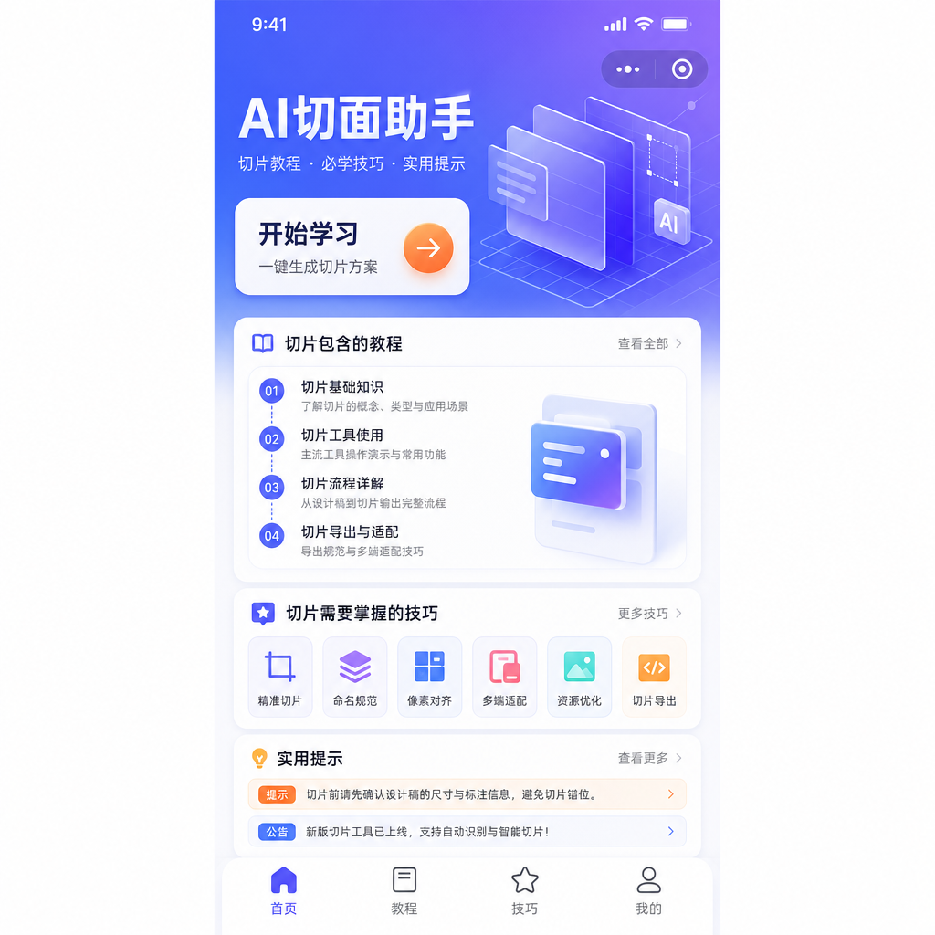我需要做一个AI 切面得小程序，我需要一个移动端主页得效果图 主要是切片包含得教程，切片需要掌握得技巧，和一些提示得一个页面效果图